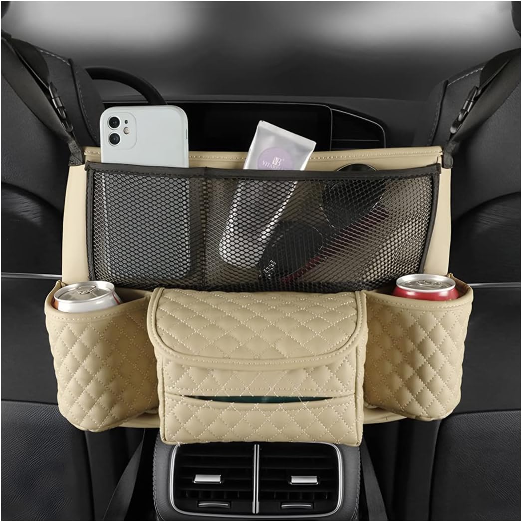 XINLIYA Car Handbag Holder Between Seats, PU Leather Multi-Pocket Large Capacity Purse Holder, Auto Net Bag Barrier of Backseat Pet Kids, Car Seat Organizers and Storage for Cargo Tissue Cup(Black)
