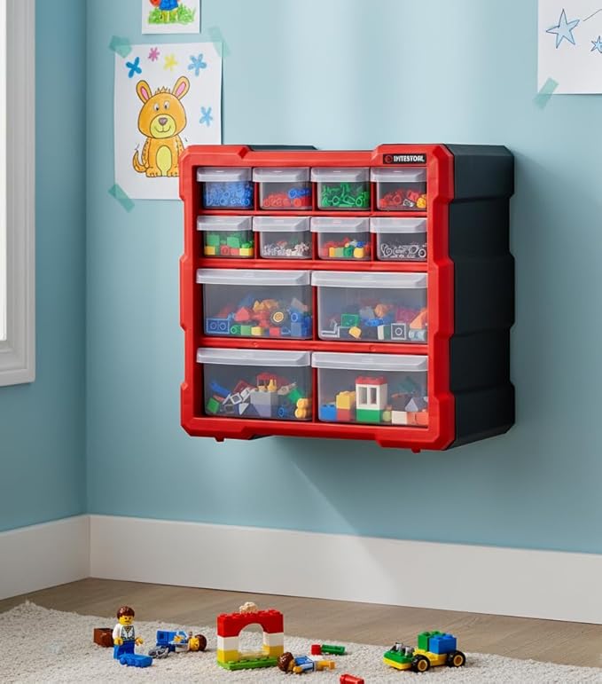 INTERTOOL Small Parts Organizer - 12 Removeable Bin Drawers - Tool Box for Storing Hardware and Garage Organization - For Screws, Bolts, Legos, Arts and Crafts - 10” x 10” x 6” - BX08-4024