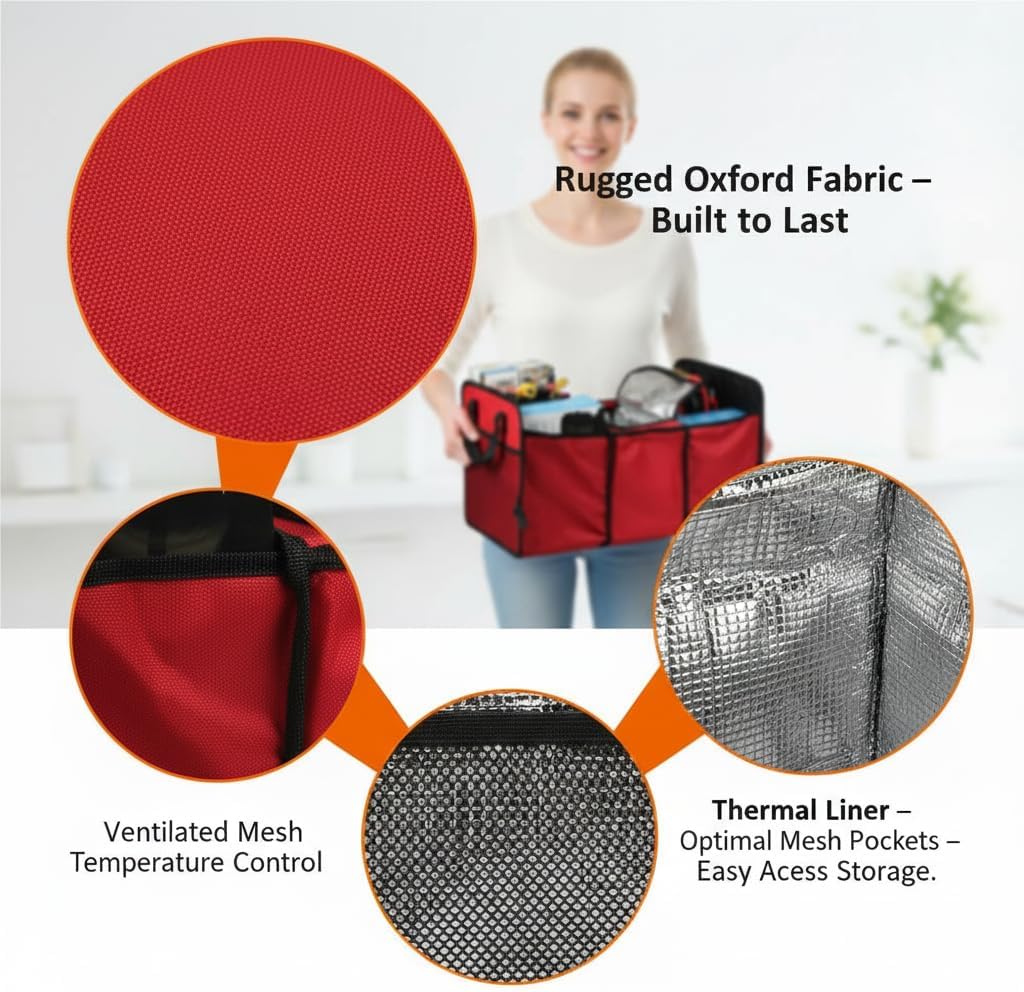 Vehicle Owners Red Collapsible Insulated Trunk Organizer 3-Compartment Car Cargo Storage Box Cooler for Groceries Camping & Road Trips All Season