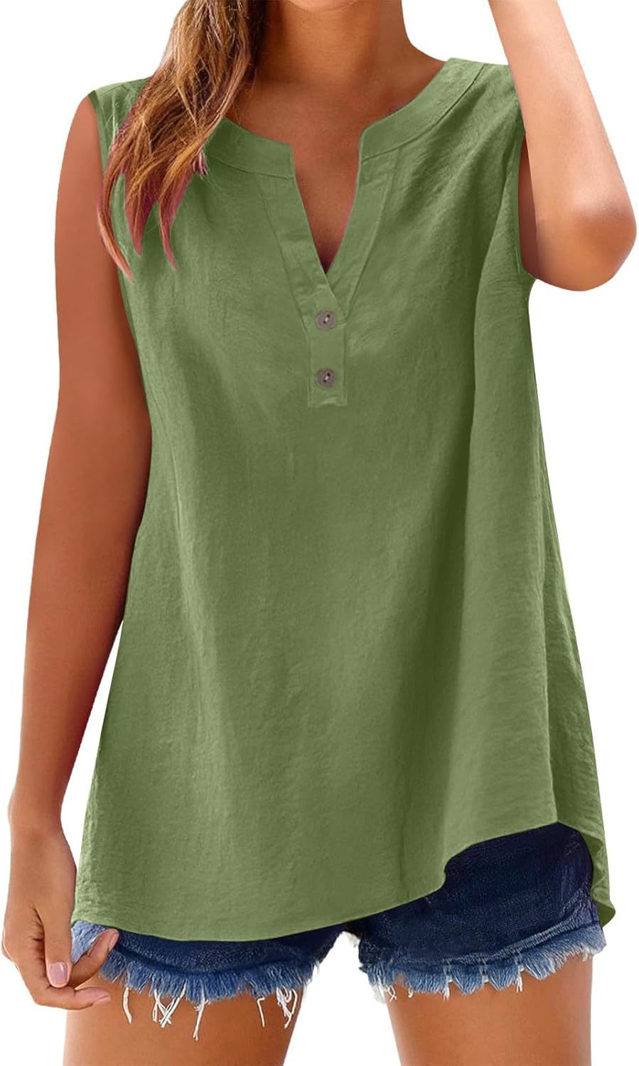 Skiennix Cotton Linen Tank Top - Women's V-Neck Sleeveless Button Blouse for Summer Beach Vacations