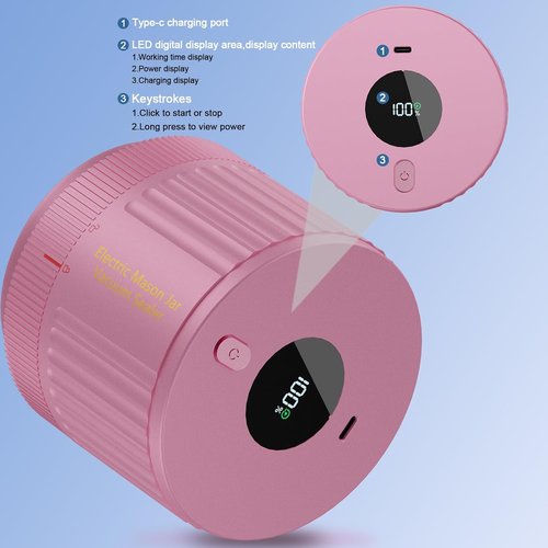 LOVE MOMENT Electric Mason Jar Vacuum Sealer Kit - Ideal for Wide & Regular Mouth Jars | Pink