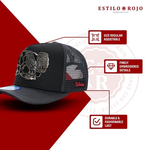 Ferreti Hats Los 3 Vicios FT86M Black Baseball Cap - Premium Rooster Hat for Men and Women, Black Snapback Hat, Ball Caps for Men for Any Occasion, Rooster Trucker Hat, Gorra para Hombre Ajustable