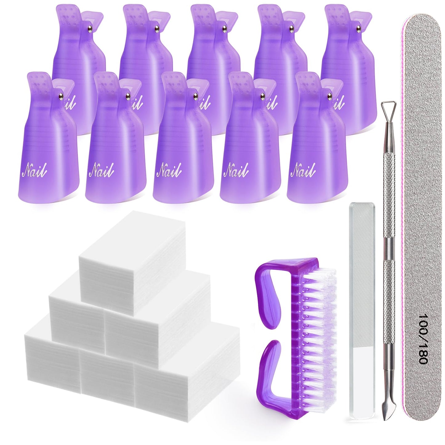Morgles Gel Nail Polish Remover Kit With Nail Clips, 300Pcs Nail Polish Remover Wipes, 100/180 Nail File, Cuticle Pusher, Nano G