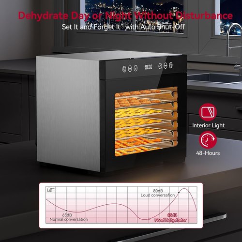 Food Dehydrator - 8 Stainless Steel Trays with Adjustable Timer & Temperature | 650W Quiet Fruit Dryer