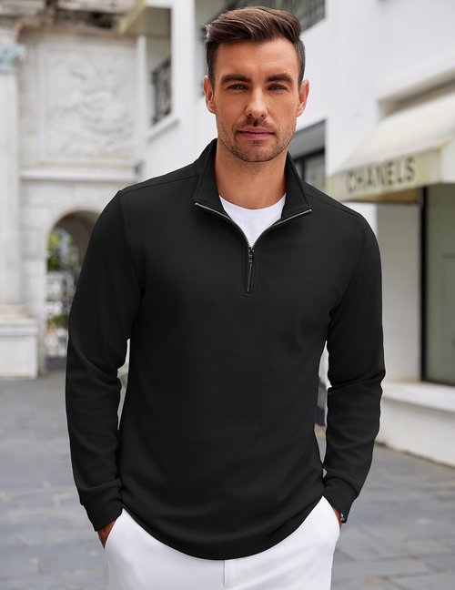 COOFANDY Men's Lightweight Quarter Zip Pullover Sweatshirt - Casual Long Sleeve Polo Shirt