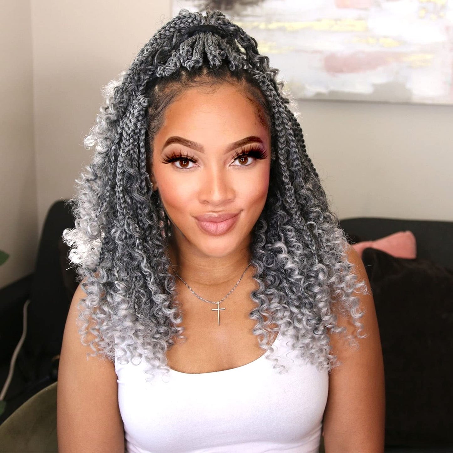 Goddess Box Braids Crochet Hair For Woman 12 Inch 7 Packs Short Pre-Looped Crochet Box Braids Curly Ends Bohemian Hippie Crochet