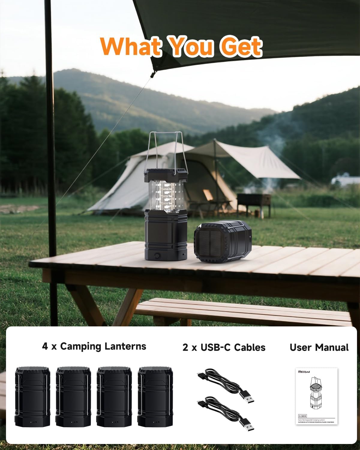 Solar Camping Lantern 4 Pack - Rechargeable LED Lights with USB-C & Solar Power | Collapsible Emergency Flashlights