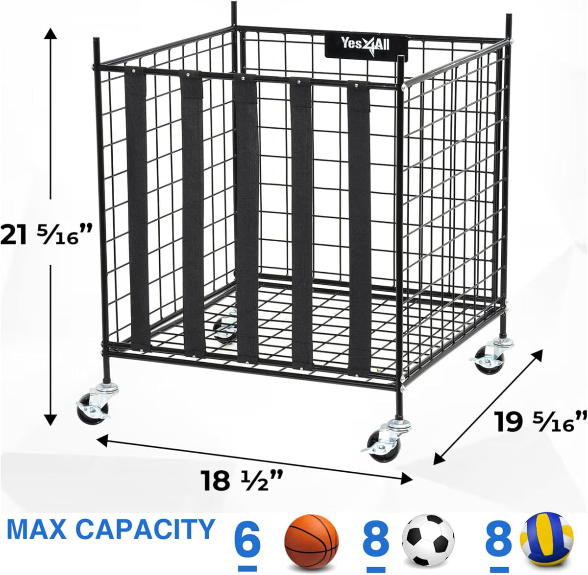 YES4ALL Rolling Ball Cart - Lockable Wheels Sports Equipment Organizer | Volleyball & Basketball Holder, Garage Storage Bin