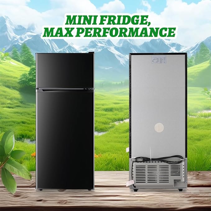 DEMULELR 4.5Cu.ft Small Mini Refrigerator with Freezer Black Two Door Mini Fridge with Crisper Drawer & Extra Drink Space, LED Light, Apartment Size Fridge for Dorm Office 17.5" W x 18.5" D x 43" H