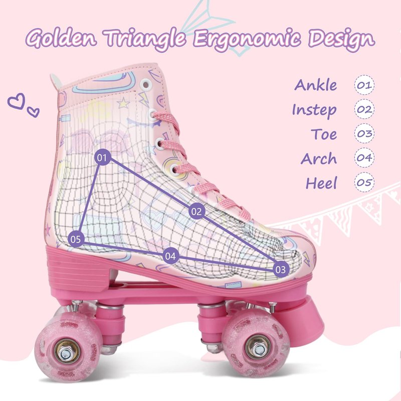 XUDREZ Roller Skates for Girls and Women, Stylish Pattern Pink Roller Skates with Light Up Wheels for Kids Youth Girls Ages 6-12 Indoor Outdoor (Pink,33-Youth 2)