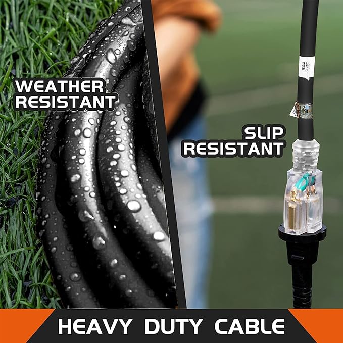 Extension Cord with Lighted End, UL Certified, 10 Gauge 1FT Black 3 Prong Heavy Duty, 10/3 SJTW 15A Power Cord for Lights, Lawn