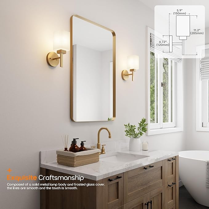 Vanity Lighting Fixtures with White Frosted Glass Shade, Brushed Gold Wall Lamps for Bathroom Mirror Bedroom Living Room Porch, 2 Pack T002GD-L1-P2