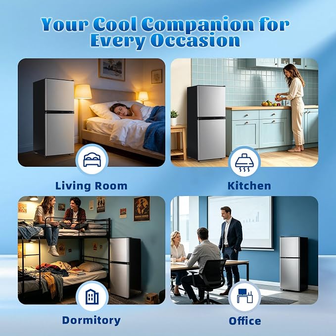 Mini Fridge with Freezer Large Capacity 110L Small Refrigerator with 7 Adjustable Temperature 2 Door Small Fridge for Office, Dorm, Bedroom Silver