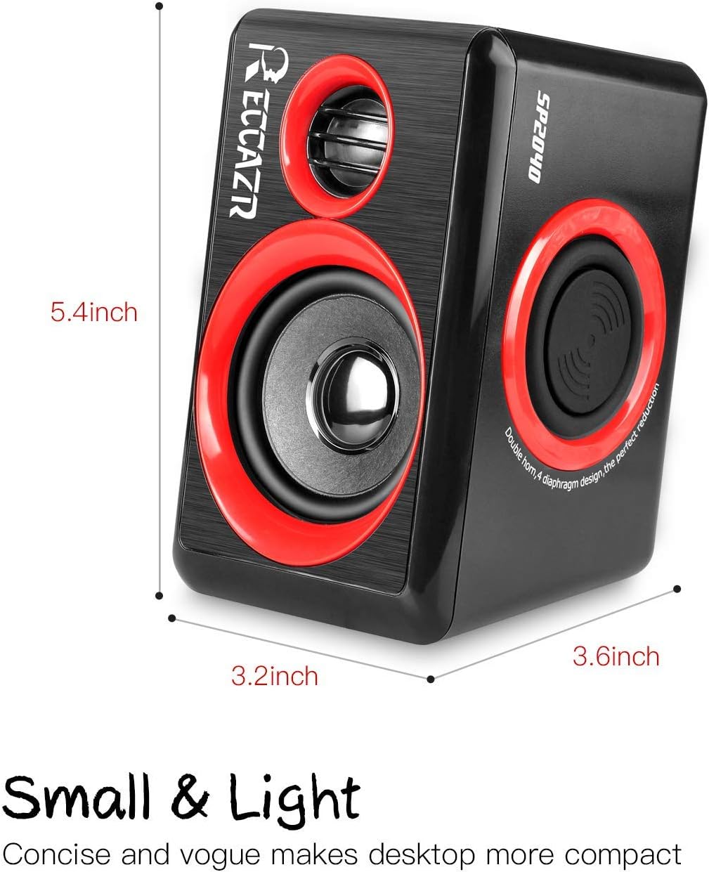 Reccazr SP2040 Computer Speakers - 2.0 CH USB Wired with Deep Bass for Desktop & Laptops | Red