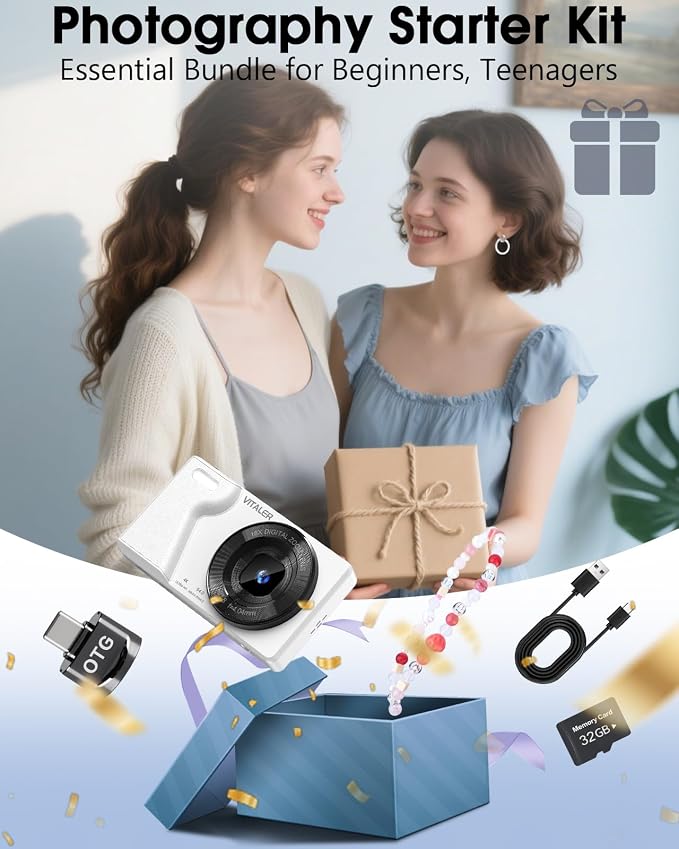 Digital Camera with Front Rear Lens, Autofocus 64MP 4K Camera