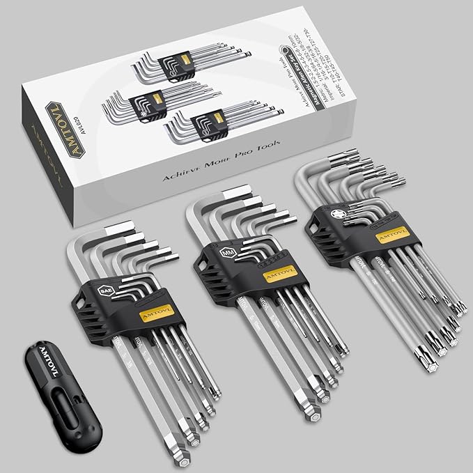 AMTOVL 27-Piece Magnetic Hex Key Set - S2 Steel SAE & Metric Allen Wrenches Set with Ball End Extra-Long T-Handle Design SAE 1/16"-3/8", Metric 1.5-10mm + TORX T10-T50