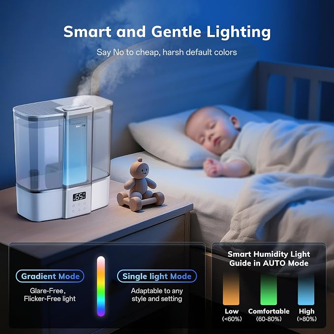Geek-Level Aeocky Humidifier for Baby, Quiet Ultrasonic Humidifiers for Bedroom, Nursery with Ambient Light, 4L Top-Fill Cool Mist Diffuser with Timer, Sleep, Auto, Constant Humidity Mode