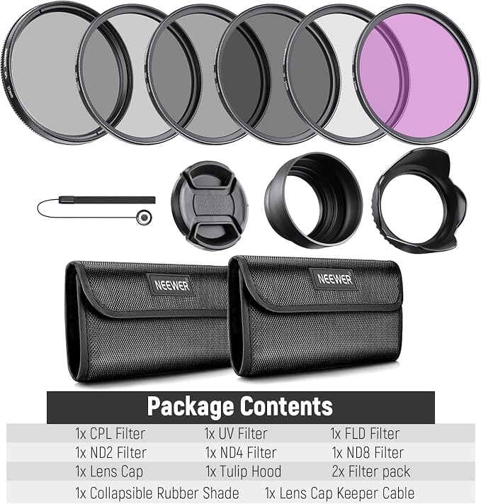 NEEWER 37mm Lens Filter Kit: UV, Lens Hood and Lens Cap Compatible