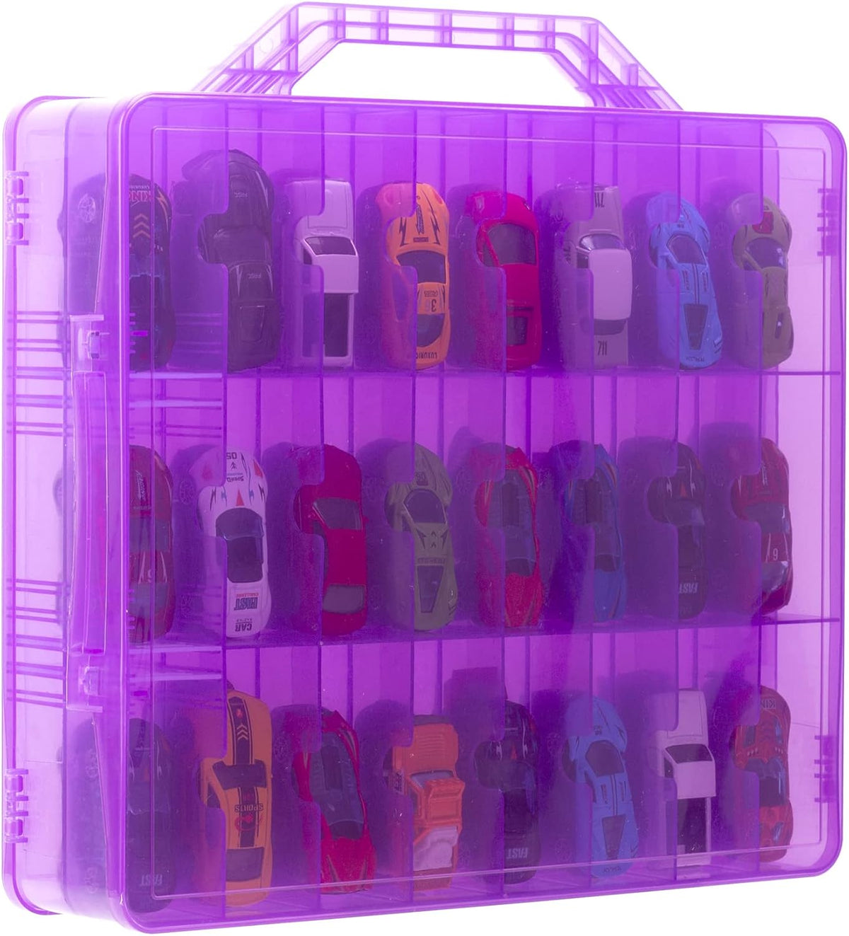 Double Sided Storage Case for 48 Cars, Matchbox Cars, Mini Toys, Small Dolls - Portable Transparent Case (Blue)
