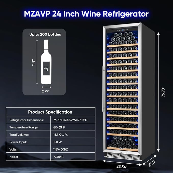 Large Wine Cooler Refrigerator 24 Inch, 200 Bottle Wine Fridge with Professional Temperature Control, Built-in/Freestanding Tall Wine Refrigerator, Low Noise & Sliding Rail Shelves, For Home Bar