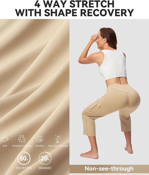 Casei Women's Yoga Capris - High Waisted Cargo Pants with Pockets | Casual Cropped Workout Trousers