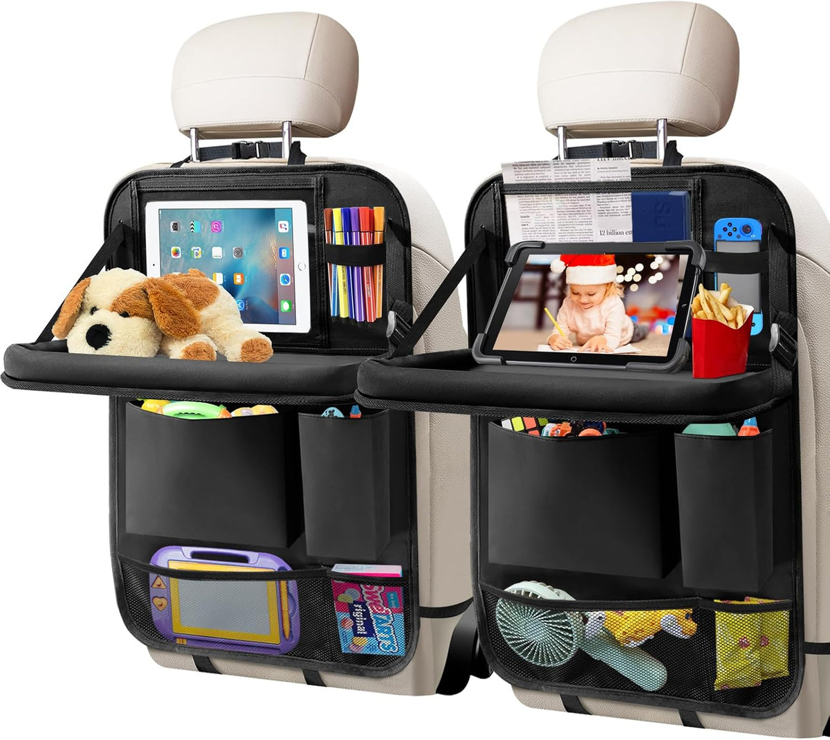 Car Backseat Organizer with Tray, Seat Back Table Holder with 6 Storage Pockets, Car Seat Back Protectors Kick Mats Travel Accessories, 1 Pc Purple