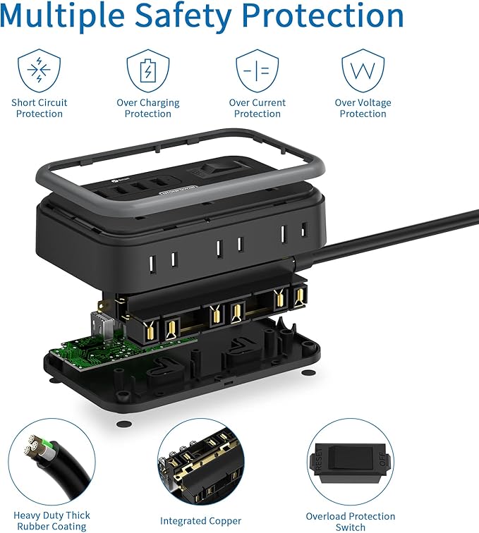 NTONPOWER 6 Widely Spaced Outlet(2 Side) Power Strip with 4 USB Ports, Extension Cord 15 Ft