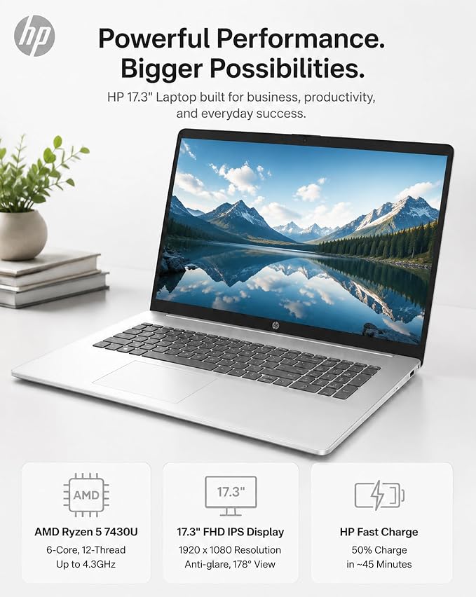 HP 17 Inch FHD Laptop Computer for Business & Students 32GB RAM 1TB SSD | AMD Ryzen 5 7430U Processor, 17.3 inch FHD IPS Display, Windows 11 Pro, Copilot AI Key, Fast Charging, Wi-Fi 6