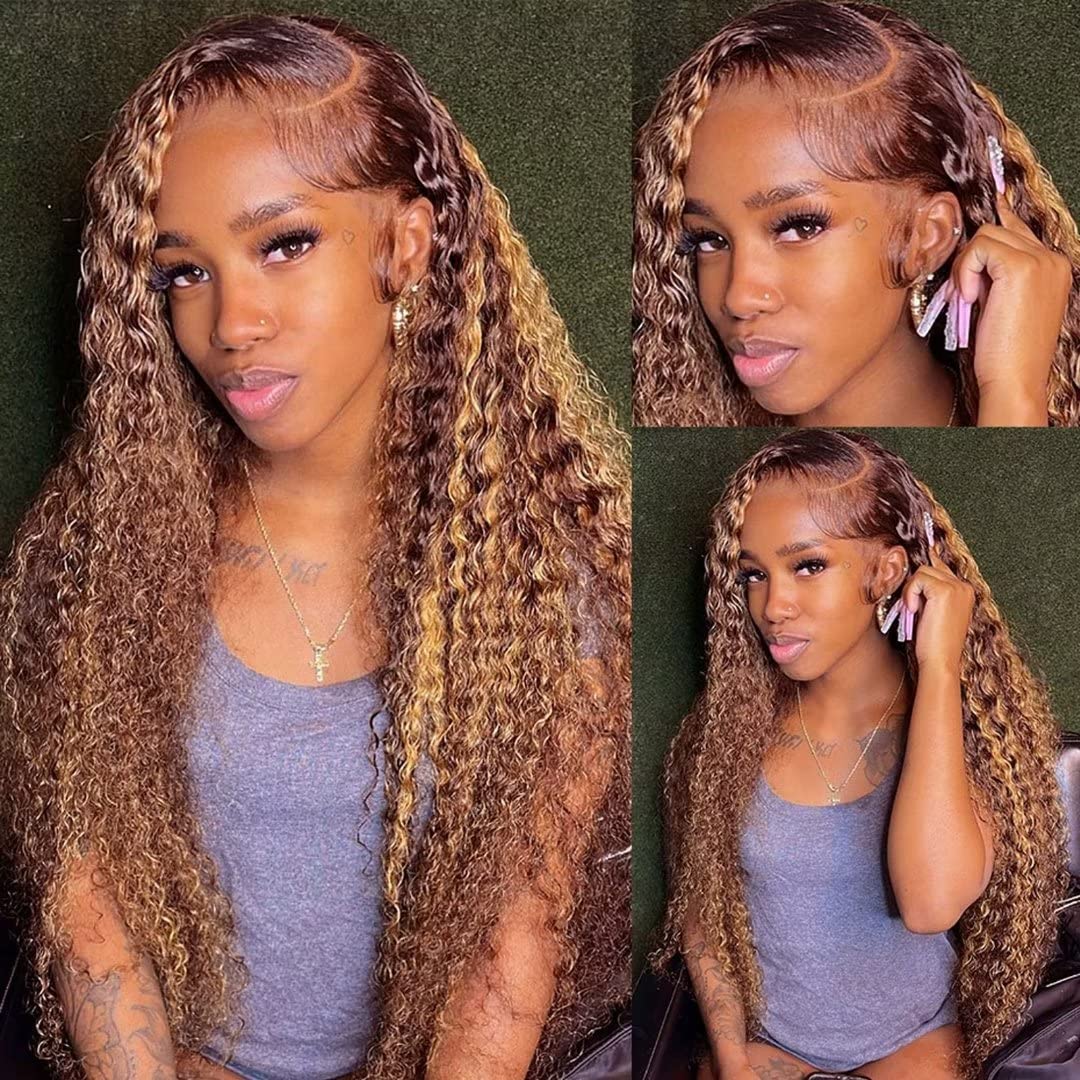 Daules Ombre Lace Front Wigs Human Hair Highlight 13X4 Hd Transparent Deep Curly Lace Front Wig Human Hair For Women 180% Densit