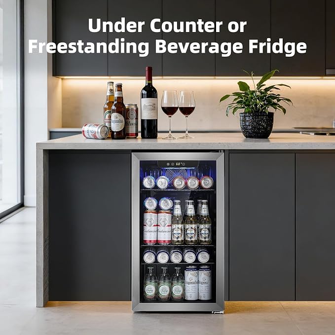 Antarctic Star Mini Fridge -130 Can Beverage Refrigerator for Soda Beer or Wine, Stainless steel door frame, for Office or Bar with Adjustable Removable Shelves, Silver, 3.1 Cu.Ft