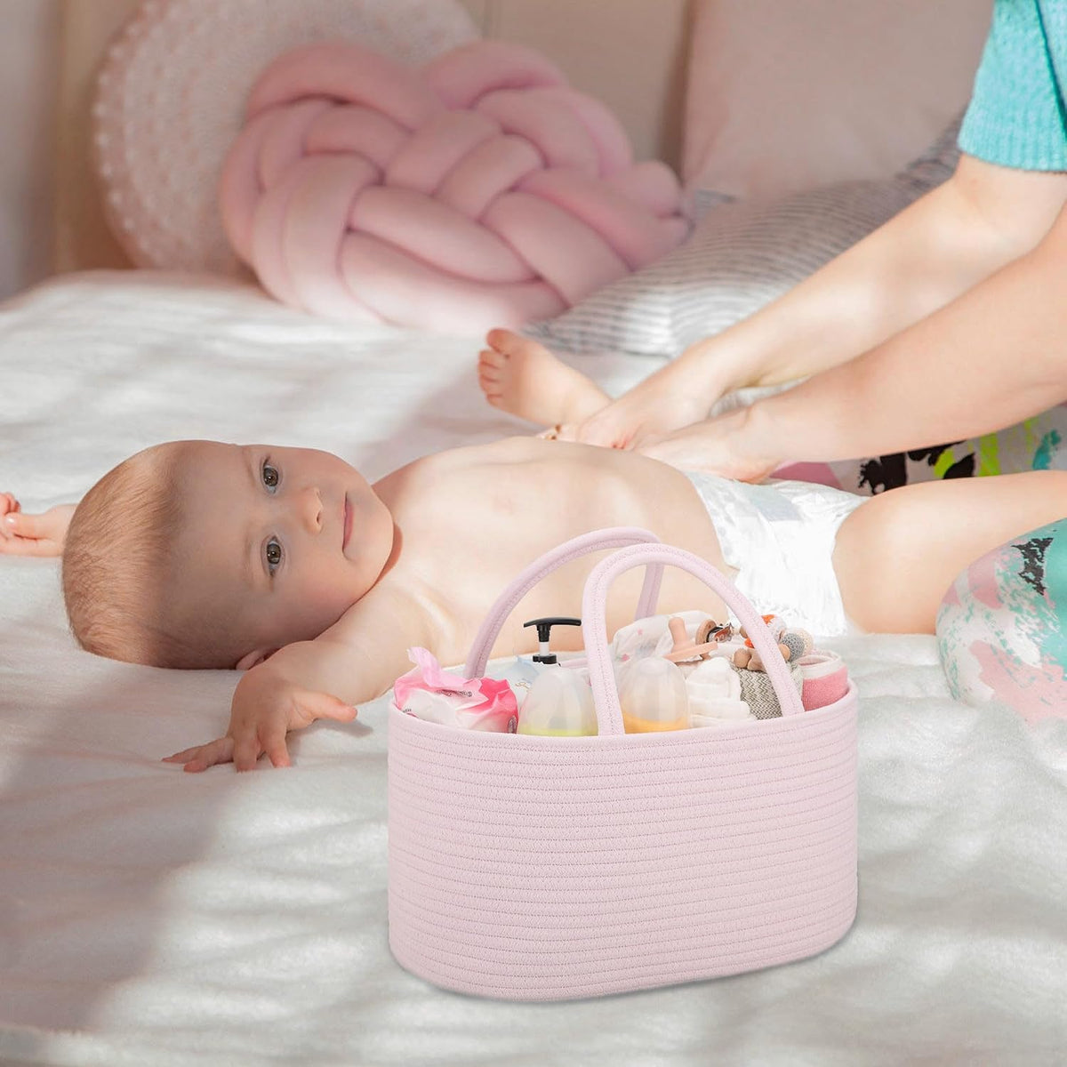 COMSE Baby Diaper Caddy Organizer, Car Caddy, Diaper Change Organizer, Gift Baskets Empty, Portable Tote Bag with Divider, Baby Shower Gifts Newborn Essentials Registry Must Have, Light pink