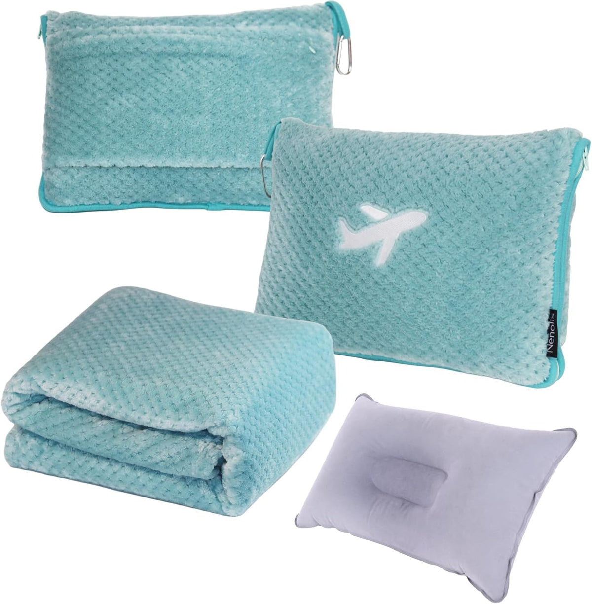 3 in 1 Travel Blanket Pillow Set - 350 GSM Thick Travel Blanket Airplane Compact with Bag, Soft Bag with a Pocket, Inflatable Travel Pillow for Camping & Car Trip (Dark Green)
