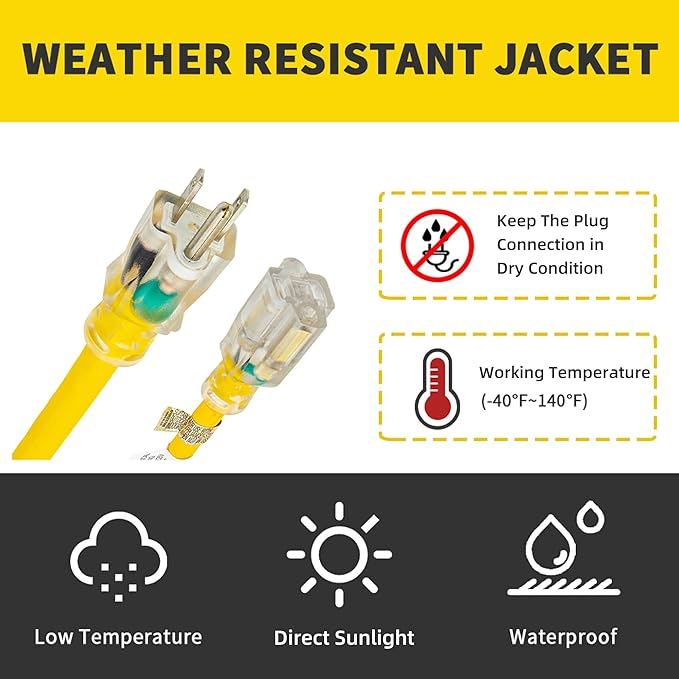 Indoor Outdoor Extension Cord Weatherproof with Lighted End, UL Listed, 10 Gauge 25FT Yellow 3 Prong Heavy Duty, 10/3 SJTW 15A Power Cord for Outdoor Lights, Lawn