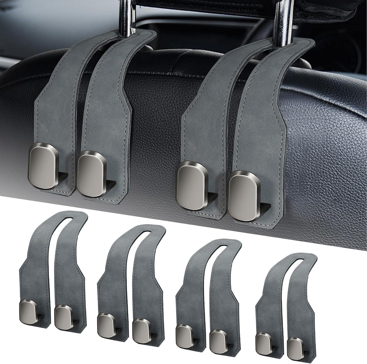 Car Purse Hook, Car Seat Headrest Hooks, Black Leather 4 Pack