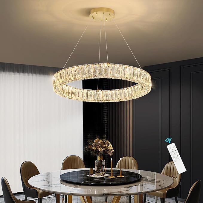 HAIXIANG Modern Crystal Chandelier Dimmable LED Ring Pendant Lights Adjustable