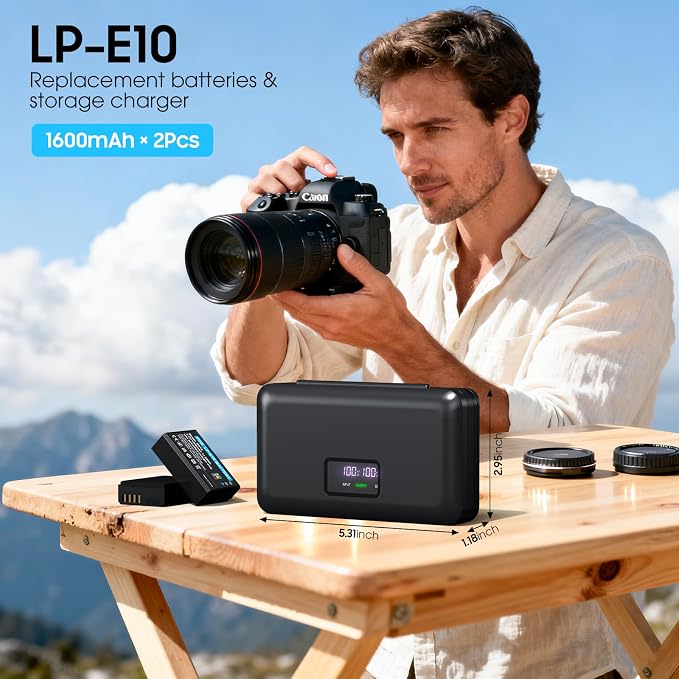 LP-E10 Battery 2-Pack 1600mAh and Digital Display Dual USB Charger