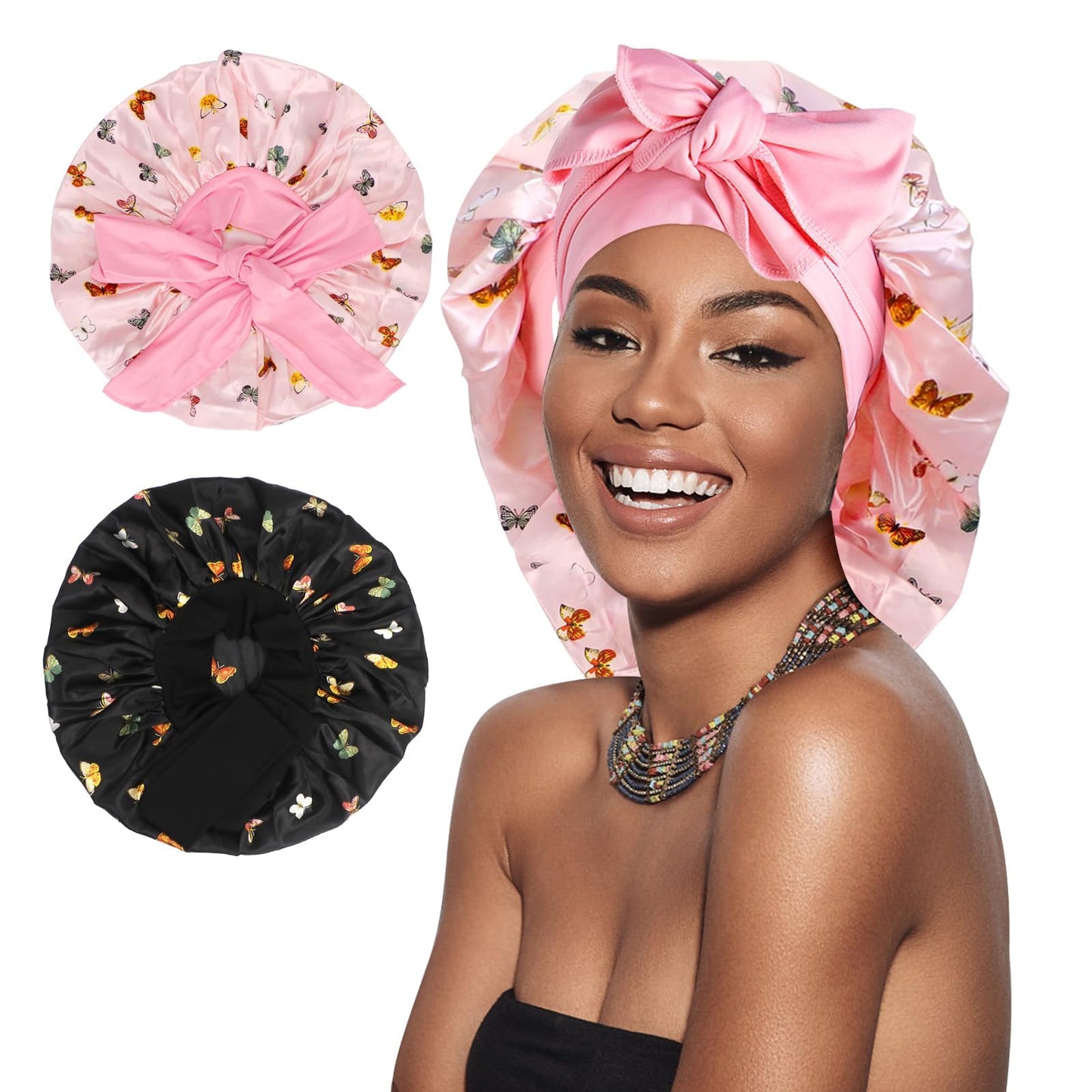 Arqumi Pack Of 2 Satin Sleeping Bonnet, Large Satin Sleep Bonnet, Long Strap, Adjustable Sleep Cap Hair Bonnet With Butterfly Pa
