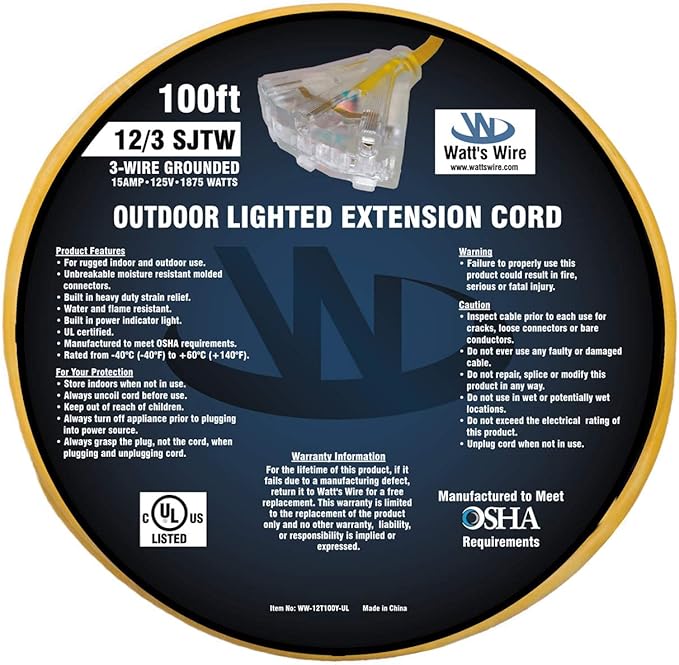 100 ft Outdoor Extension Cord Waterproof - 12 Gauge Heavy Duty Extension Cord 100 ft - Lighted Outdoor Extension Cords with Multiple Outlets - Watts Wire - 100' Grounded - extensiones electricas