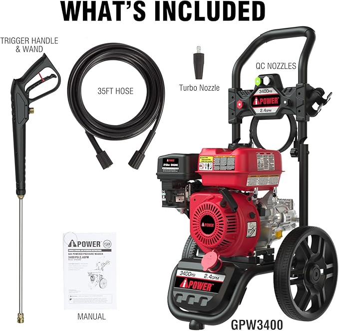 A-iPower Gas Pressure Washer 3400PSI 2.4 GPM Gas Powered Foldable Frame Pressure Washer 12'' Wheel Gas Power Washer, Onboard Soap Tank, with Spray Gun 5 QC Nozzles, for Fence/Cars/Driveways (GPW3400)
