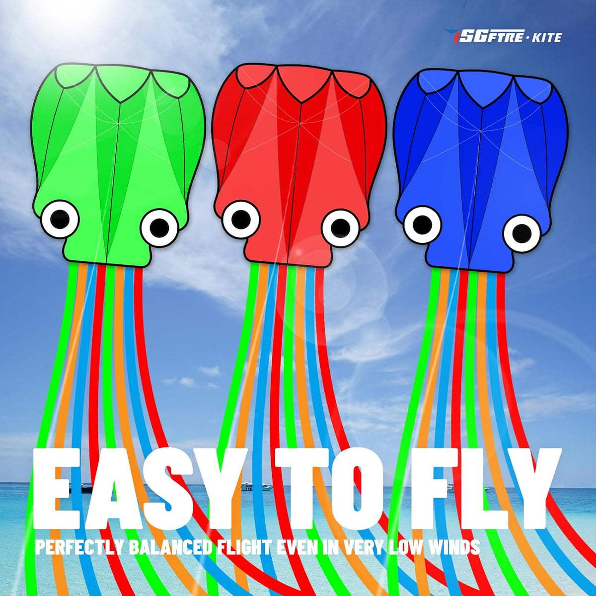 SGftre Octopus Kites - Easy to Fly 3-Piece Set for Kids & Adults | Red, Blue, Green Colors