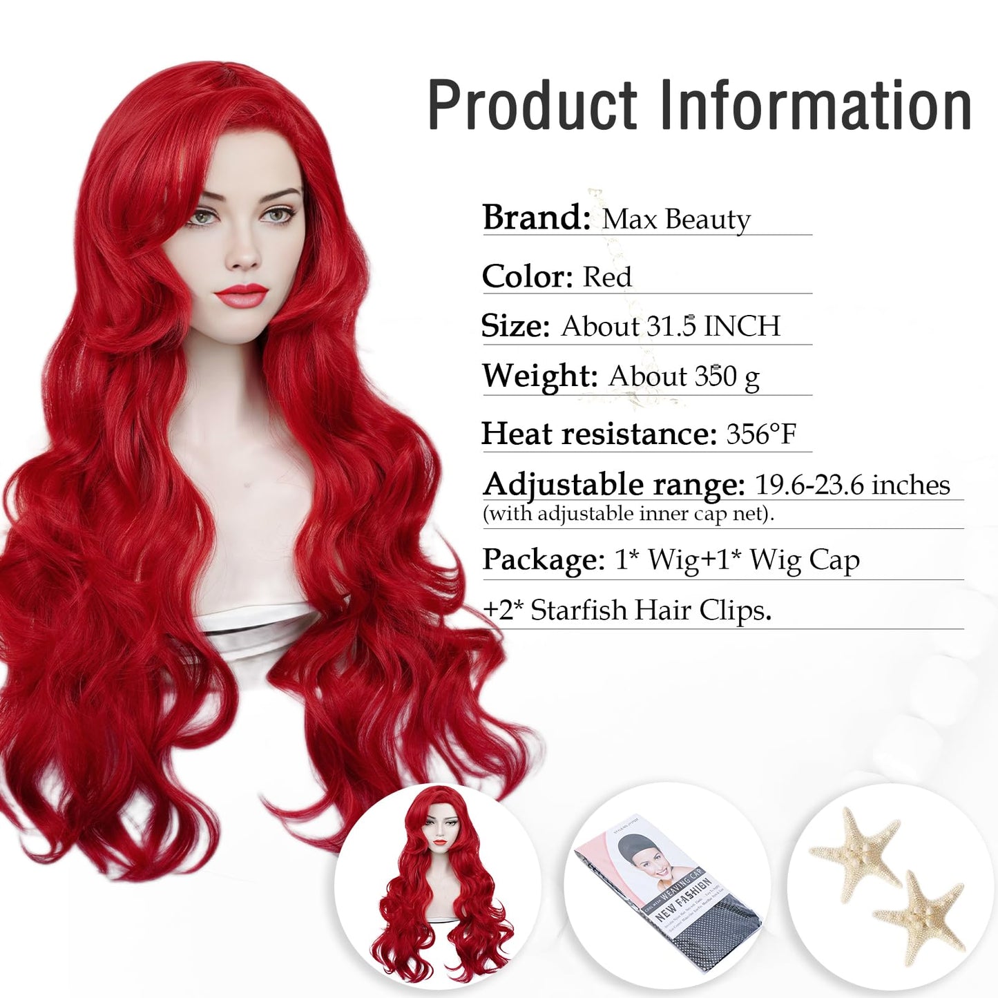 LABEAUT Max Beauty Red Mermaid Wigs with Starfish Hair Clips, Curly Long Hair Daily Wig Heat Resistant Synthetic Fiber for Hal