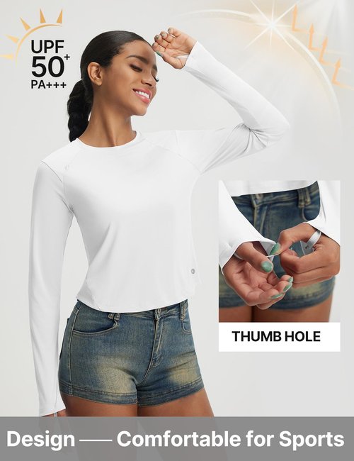baleaf Women's UPF 50+ Long Sleeve Sun Shirts Crop Rash Guard UV Workout Tops SPF Slim Fit Lightweight Athletic Hiking White M