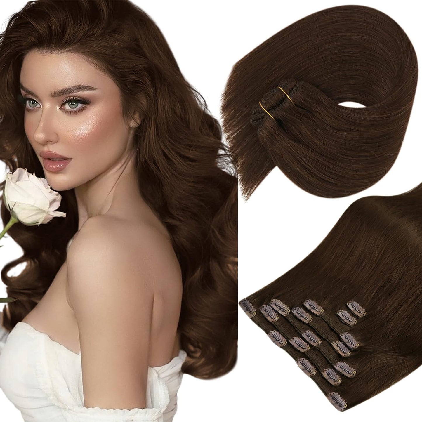 Sunny 135G Clip In Hair Extensions Human Hair Brown Clip In Extensions Real Human Hair Chocolate Brown Hair Extensions Clip Ins