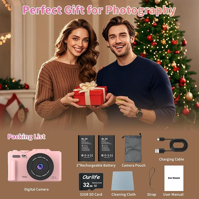 Ourlife Cameras for Photography, 5K 75MP Autofocus Vlogging Camera for YouTube