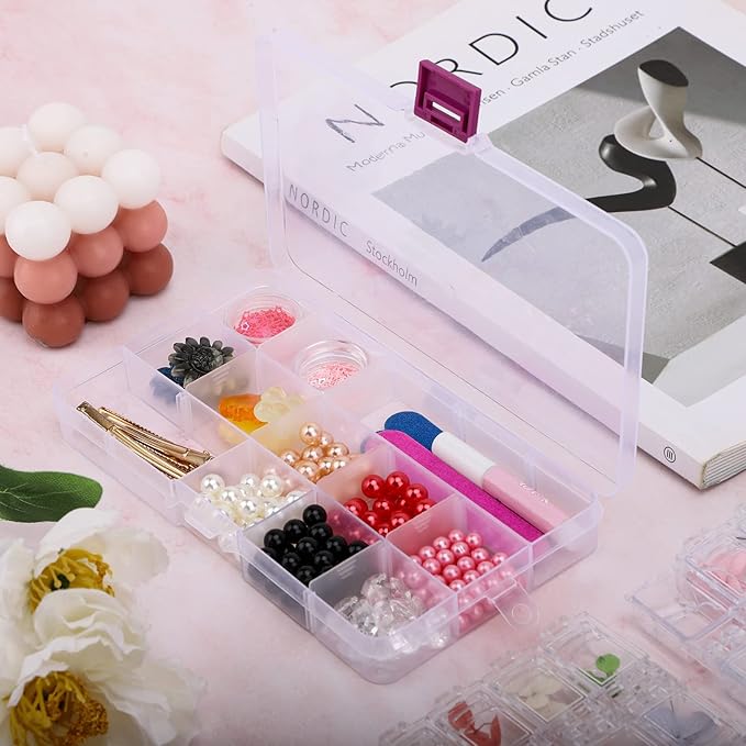 Cosics 10pcs Fake Nail Storage, 15-Grid Small Plastic Rhinestone Organizer Box, Acrylic False Nail Tips Container, Jewelry Display Holder, Tackle Hair Art Craft Accessories Empty Case with Dividers