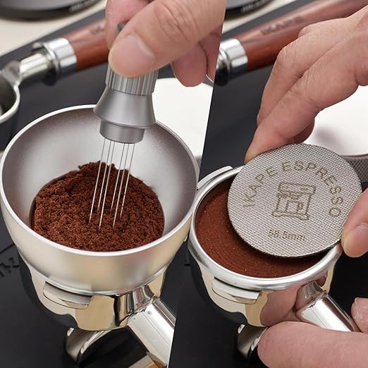 IKAPE Dosing Funnel Set, 58mm Espresso Dosing Ring & Puck Screen Kit Compatible with 58 mm Bottomless Portafilter Silver