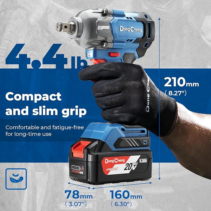 Dong Cheng 20V Brushless Impact Wrench, Max Torque 360 ft-lbs (488N.m), 1/2" with 3 Mode Speed, 2400 RPM Cordless Impact Gun, Includes 2 * 4.0Ah Battery and Charger, 4 Impact Sockets and Kit Bag