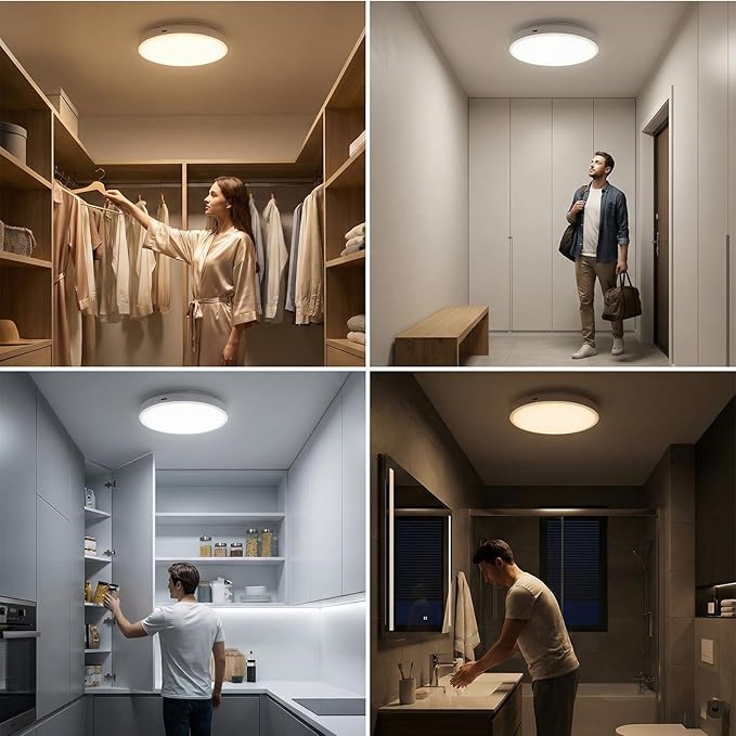 10,000mAh Rechargeable Radar Motion Sensor Ceiling Light with Remote, 7.68" Wireless LED Light No Wiring, 3 Color Temperatures, Dimmable Always-on Mode, Battery Powered for Shower Closet Shed Garage