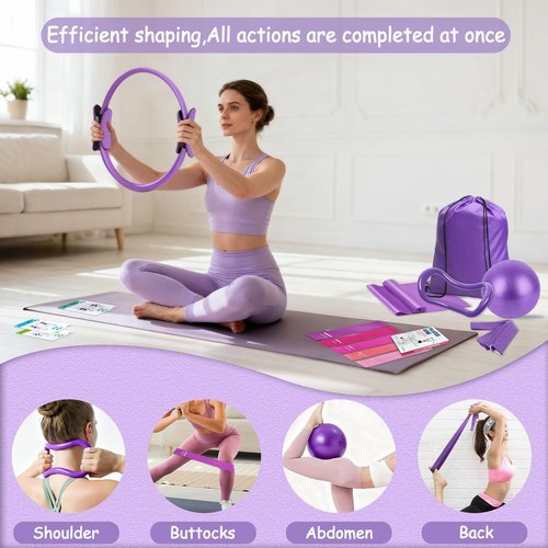 COARVXA Pilates Kit for Women Pilates Equipment Ring and Ball Set Magic Circle Hoop with 5 Resistance Bands Chair Yoga Workouts Starter Set Accessories with 58 Exercise Cards (Purple)