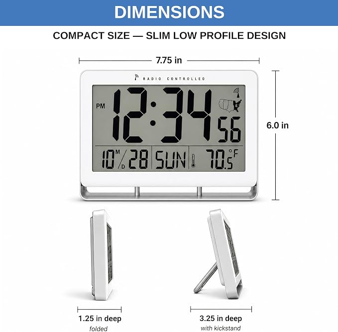 Atomic Digital Wall Clock, Battery-Operated, Large 2" LCD Numbers, Self-Setting
